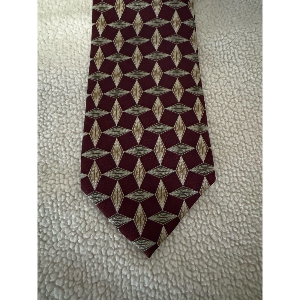 Jhane Barnes Silk Tie Geometric Pattern Burgundy Gold Made in Japan Necktie